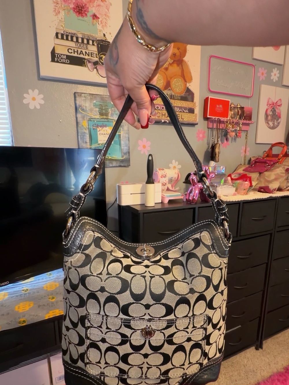 Coach Canvas Shoulder Bag in Black and Khaki